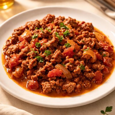 Ground beef with tomato sauce and onions