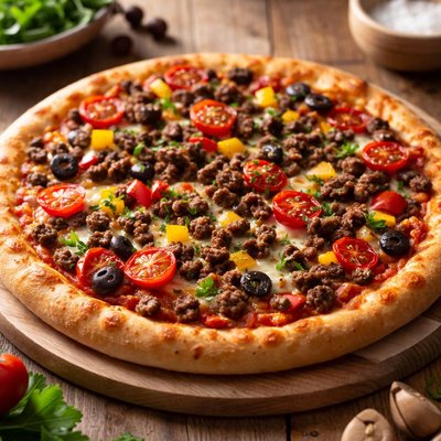 Ground meat pizza with vegetables