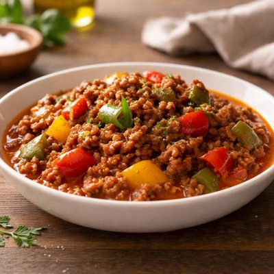 Ground meat with bell peppers in sauce
