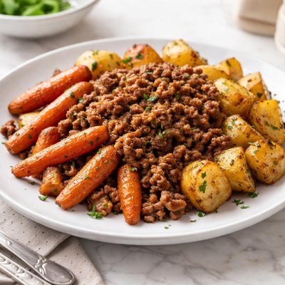 Ground meat with roasted carrots and potatoes