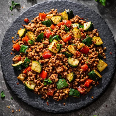 Ground meat with zucchini and red bell pepper