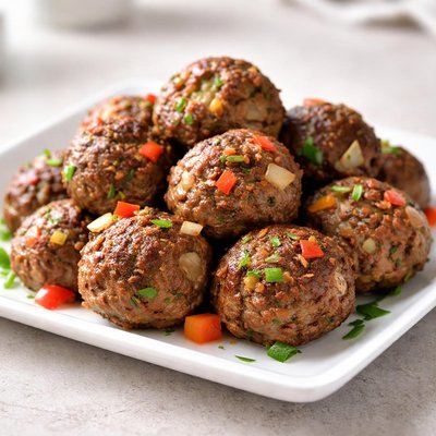 Ground turkey and beef meatballs with diced onions and peppers