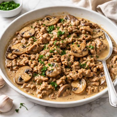 Ground turkey with mushrooms and roasted garlic sauce