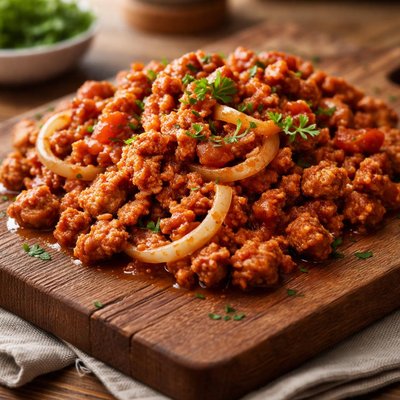 Ground turkey with red sauce and onion