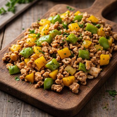 Grounded turkey with yellow peppers green peppers and  onions