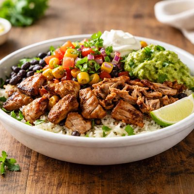 Guzman y gomez burrito bowl with grilled chicken and pulled pork as meat