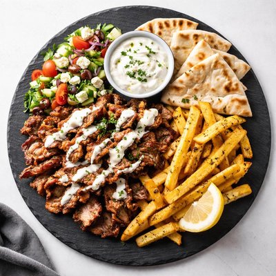 Gyro platter with white sauce