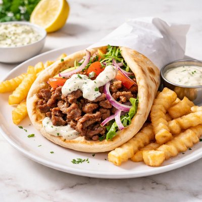 Gyro with crinkle-cut fries