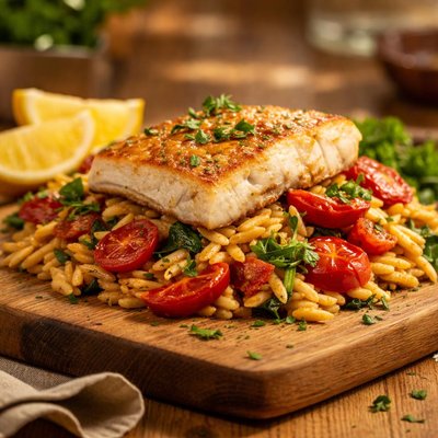 Hake chorizo orzo