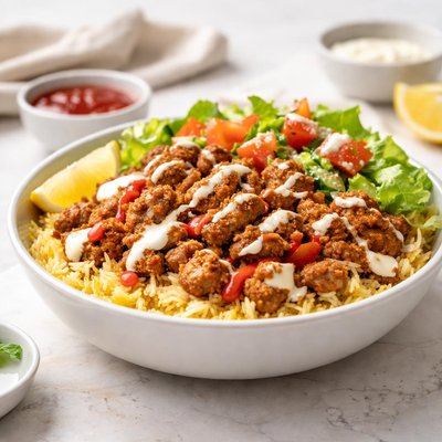 Halal feasto chicken over rice