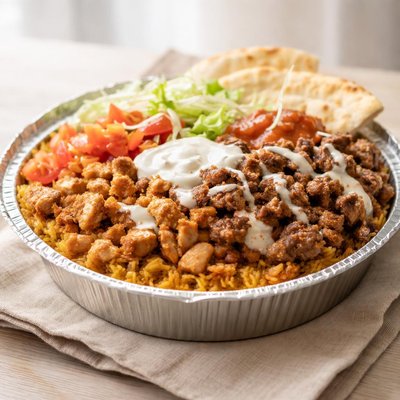 Halal guys chicken and lamb over rice