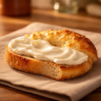 Half a cheese bagel with cream cheese