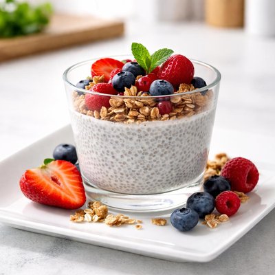 Half a cup chia milk puddibg with granola and berries