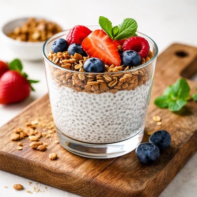 Half a cup chia milk pudding with granola and berries