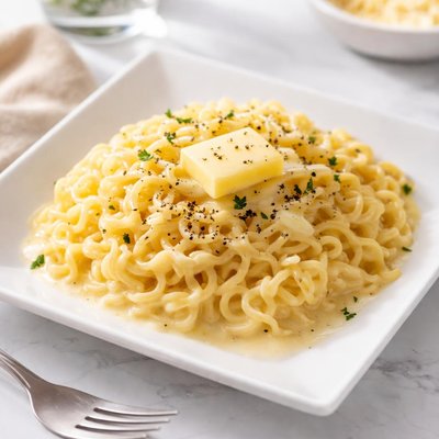 Half a cup of cooked raman with cheese milk and butter