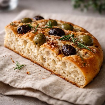 Half a focaccia with olives