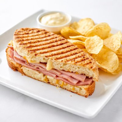 Half a ham and cheese panini with chips