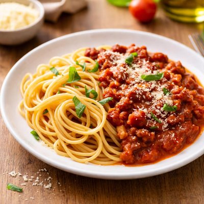 Half a plate of spaghetti with tomato sauce
