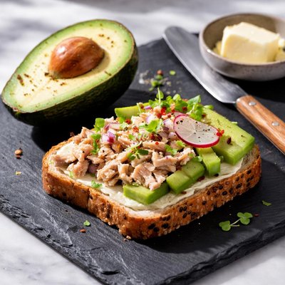 Half avocado and tuna gluten free bread and butter