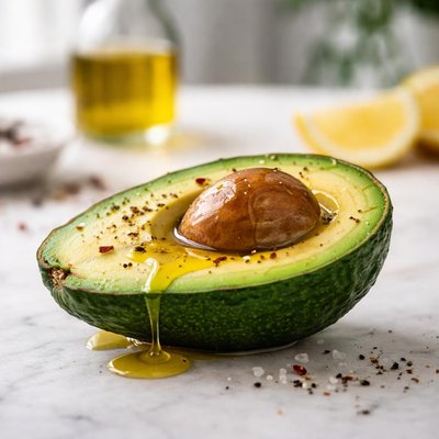 Half avocado drizzled with olive oil