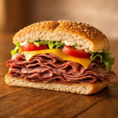 Half of a arbys roast beef sandwich