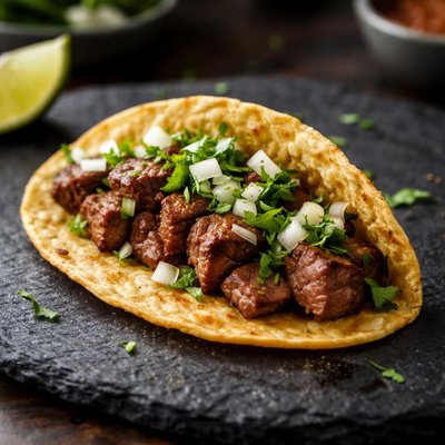 Half of a taco steak with cilantro and onion