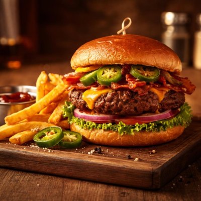 Half pound jalapeno burger with fries a
