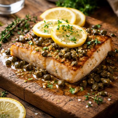 Halibut filet in a lemon caper sauce