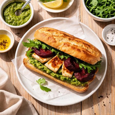 Halloumi sandwich with beets and pesto