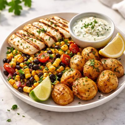 Haloumi s kukurici a bramborama a caciky