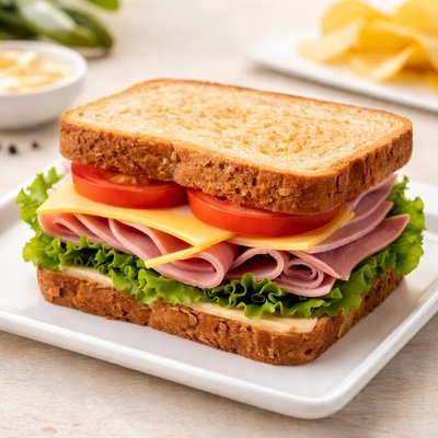 Ham and cheese sandwich on wheat bread