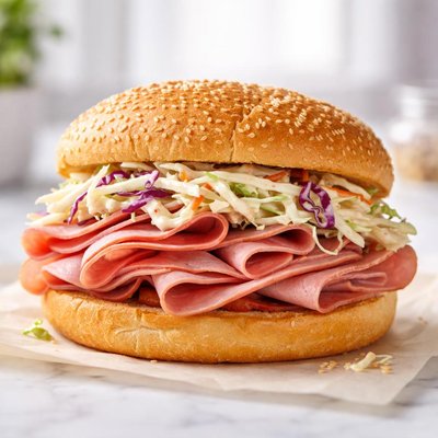 Ham and coleslaw sandwich