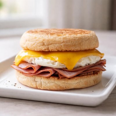 Ham and egg sandwich on english muffin