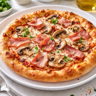 Ham and mushroom pizza
