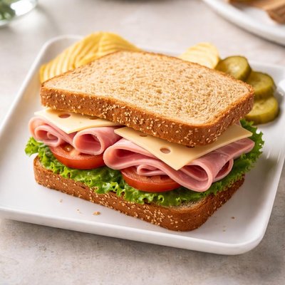 Ham and swiss sandwich on wheat bread