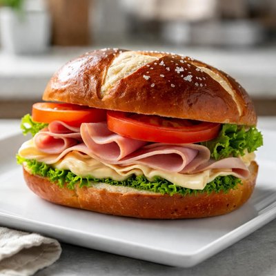 Ham and turkey sandwich on a pretzel roll with mayonnaise