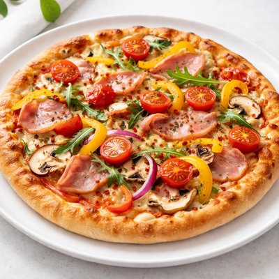 Ham and vegetable pizza
