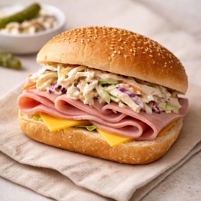 Ham cheese and coleslaw sandwich
