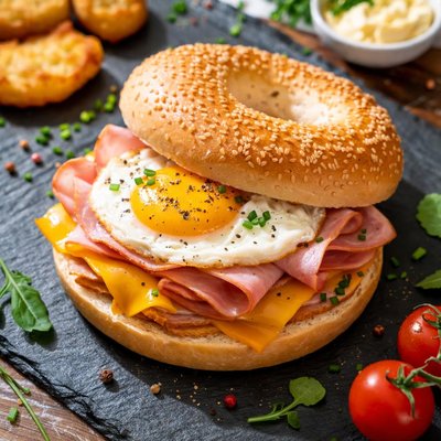 Ham cheese and egg breakfast bagel