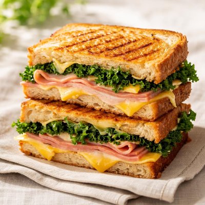 Ham cheese and kale toasted sandwich