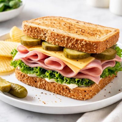 Ham cheese and pickle sandwich