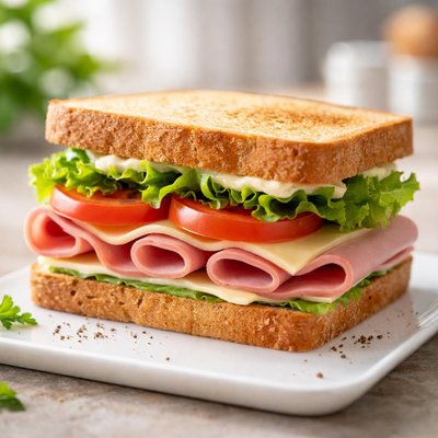 Ham cheese lettuce tomato mayo sandwich