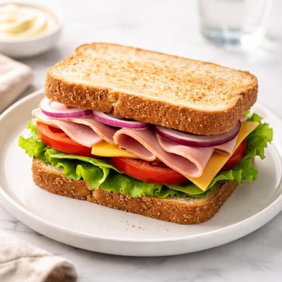 Ham cheese tomato wheat bread sandwich
