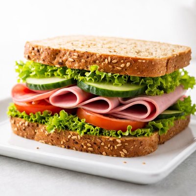 Ham cucumber and salad sandwhich on wole grain bread