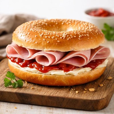 Ham ketchup butter bagel