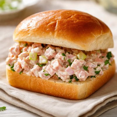 Ham salad sandwich on hawaiian sweet roll