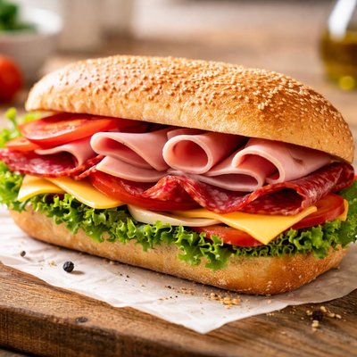 Ham salami cheese lettuce bell pepper sandwich