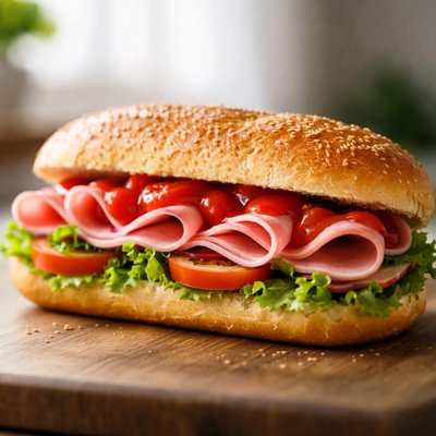 Ham sandwich with ketchup