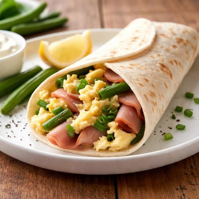 Ham wrap with scrambled eggs and green beans