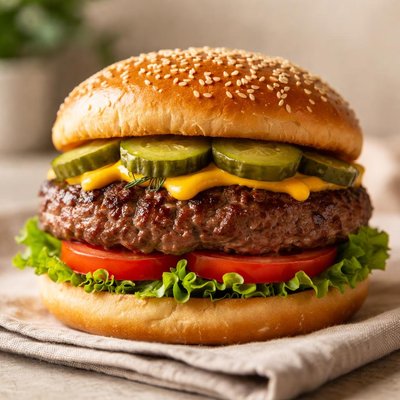 Hambburger patty mustard dill pickles